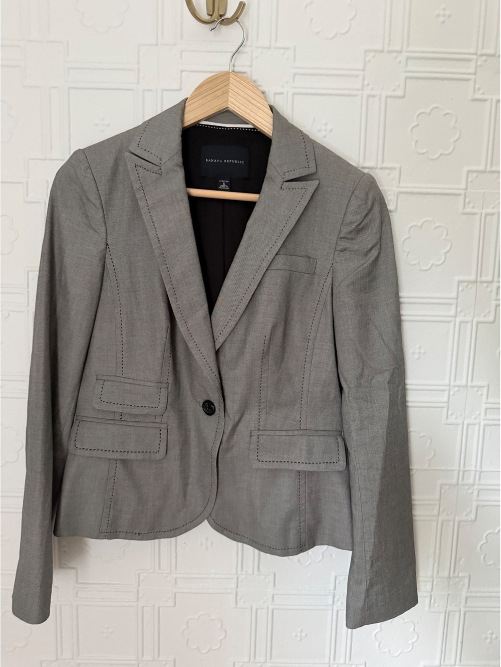 Banana Republic Pick Stitch Blazer Grey Size 6 Stretch Cotton Single Button